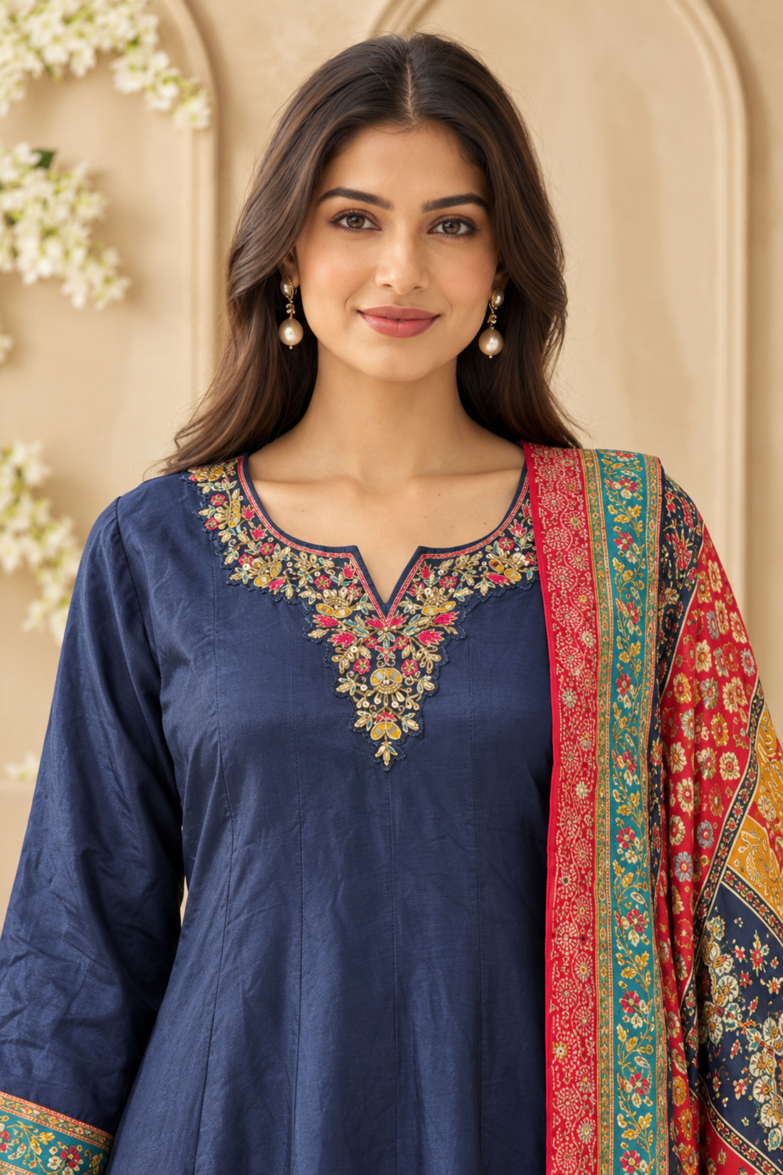 Navy Blue Crepe Fabric Embroidered Anarkali Kurta with Palazzo & Multicolour Printed Dupatta