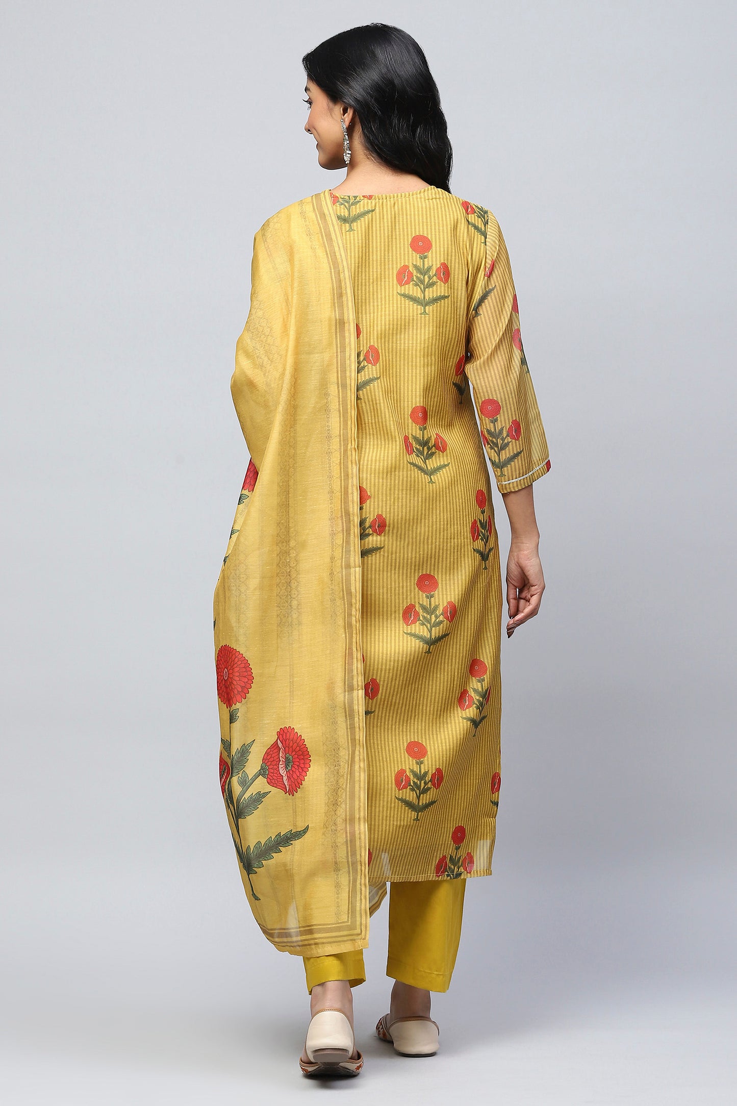 Mustard Printed Readymade Suit Set for Women with Mirror Work – Chic & Traditional