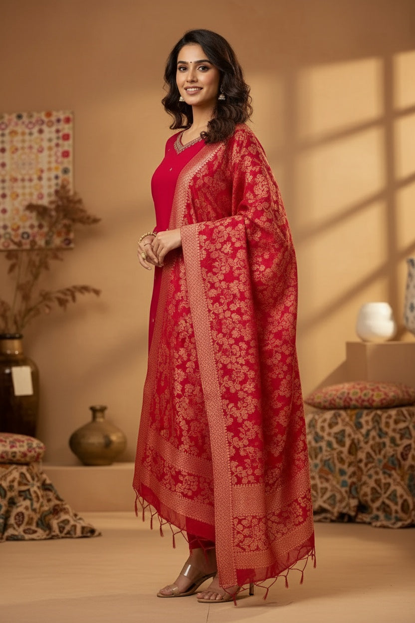 Premium Rani Pink Ethnic Suit Set with Golden Zari Embroidery