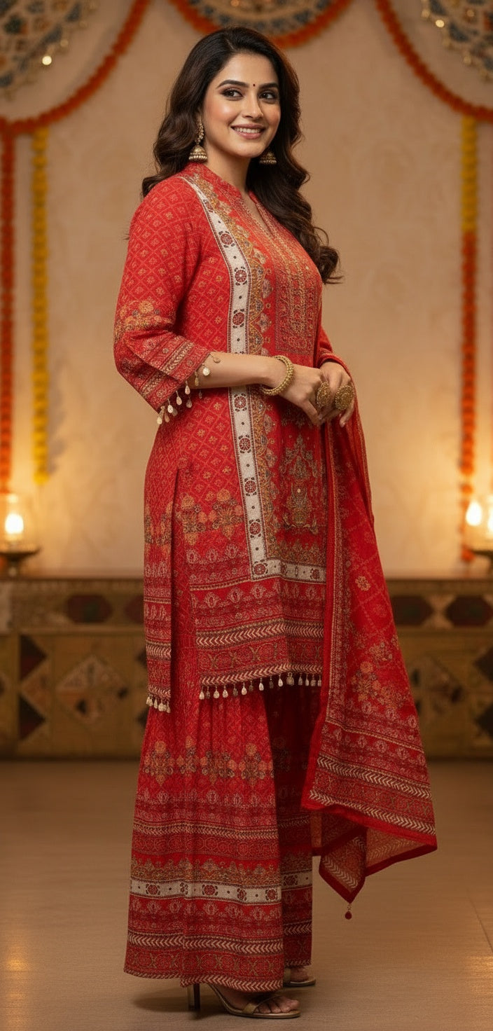 Elegant Scarlet Red Ethnic Suit Set with Sharara & Dupatta