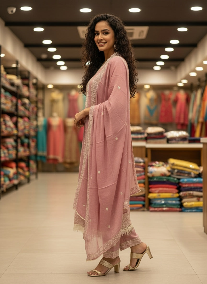 Pastel Peach Embroidered Cotton Suit Set with Dupatta