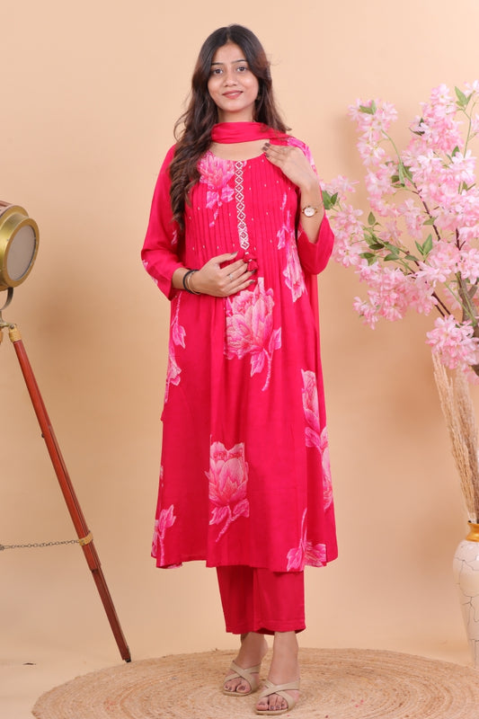 Radiant  Magenta Rayon Floral Suit Set with Dupatta