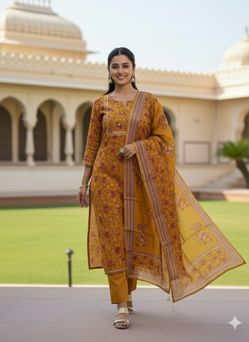 Premium Mustard Yellow Chanderi Ethnic Suit Set with Printed Dupatta
