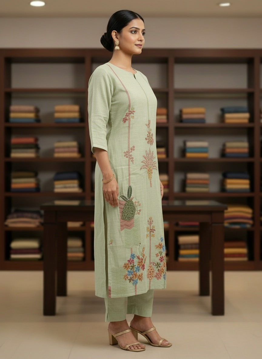 Pista Green Kurta & Pants with Dupatta – Artisanal Embroidery