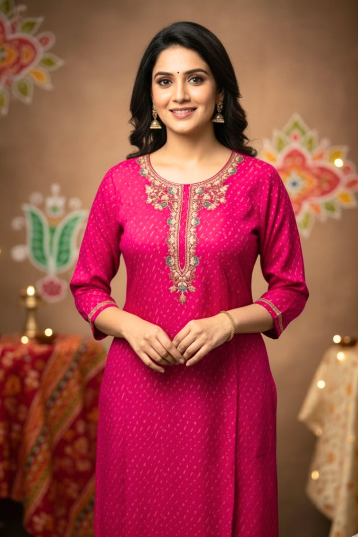 Rani Muslin Kurta Set with Intricate Neck Embroidery & Banarasi Dupatta