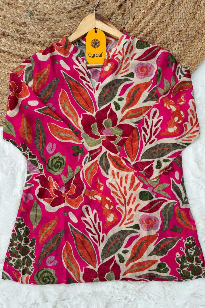 Vibrant Pink Floral Muslin Short Kurti – Bold, Breezy & Beautiful