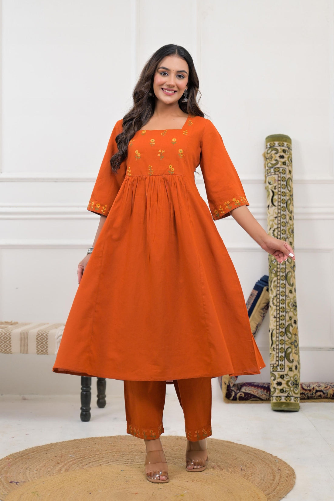 Rust Floral Embroidery Kurta set