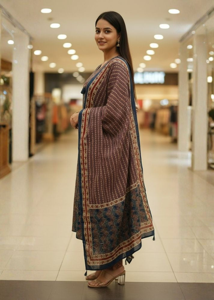 Multi Color Blue Ajrakh Print Cotton Kurta Pant Dupatta Set