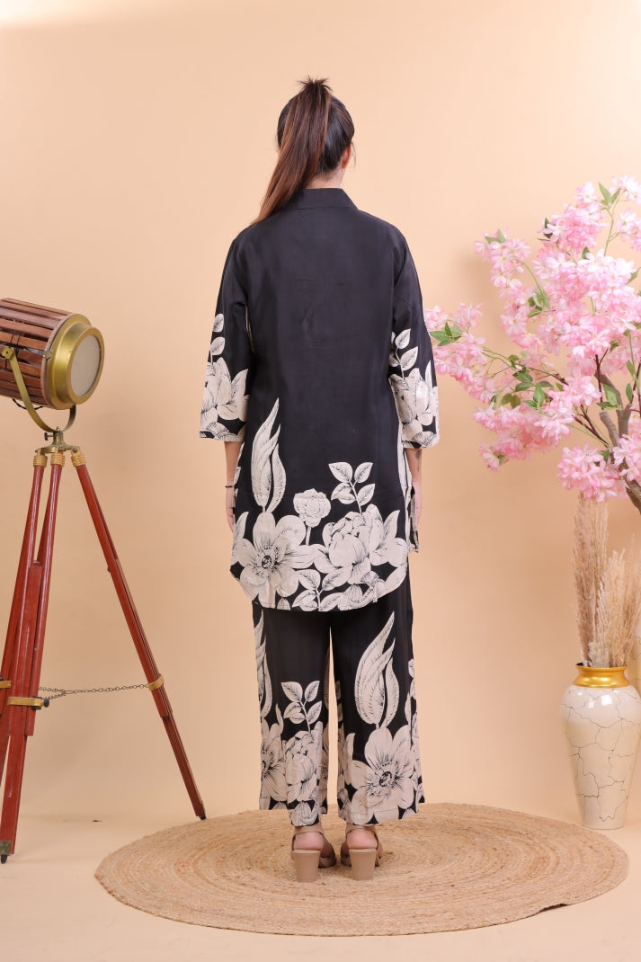 Elegant Black & White Floral Printed Co-ord Set