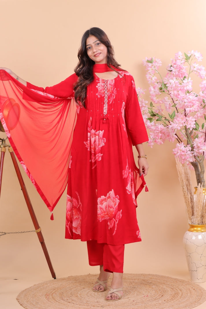 Radiant Red Rayon Floral Printed Suit Set with Dupatta