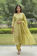 Mehndi Sage Embroidered Chanderi Kurta Suit Set with Dupatta, featuring intricate floral embroidery on a flowing green kurta
