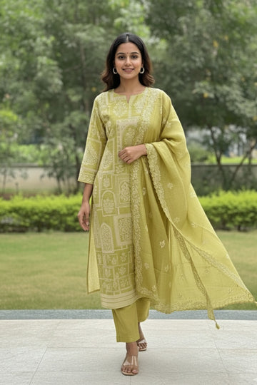 Mehndi Sage Embroidered Chanderi Kurta Suit Set with Dupatta, featuring intricate floral embroidery on a flowing green kurta