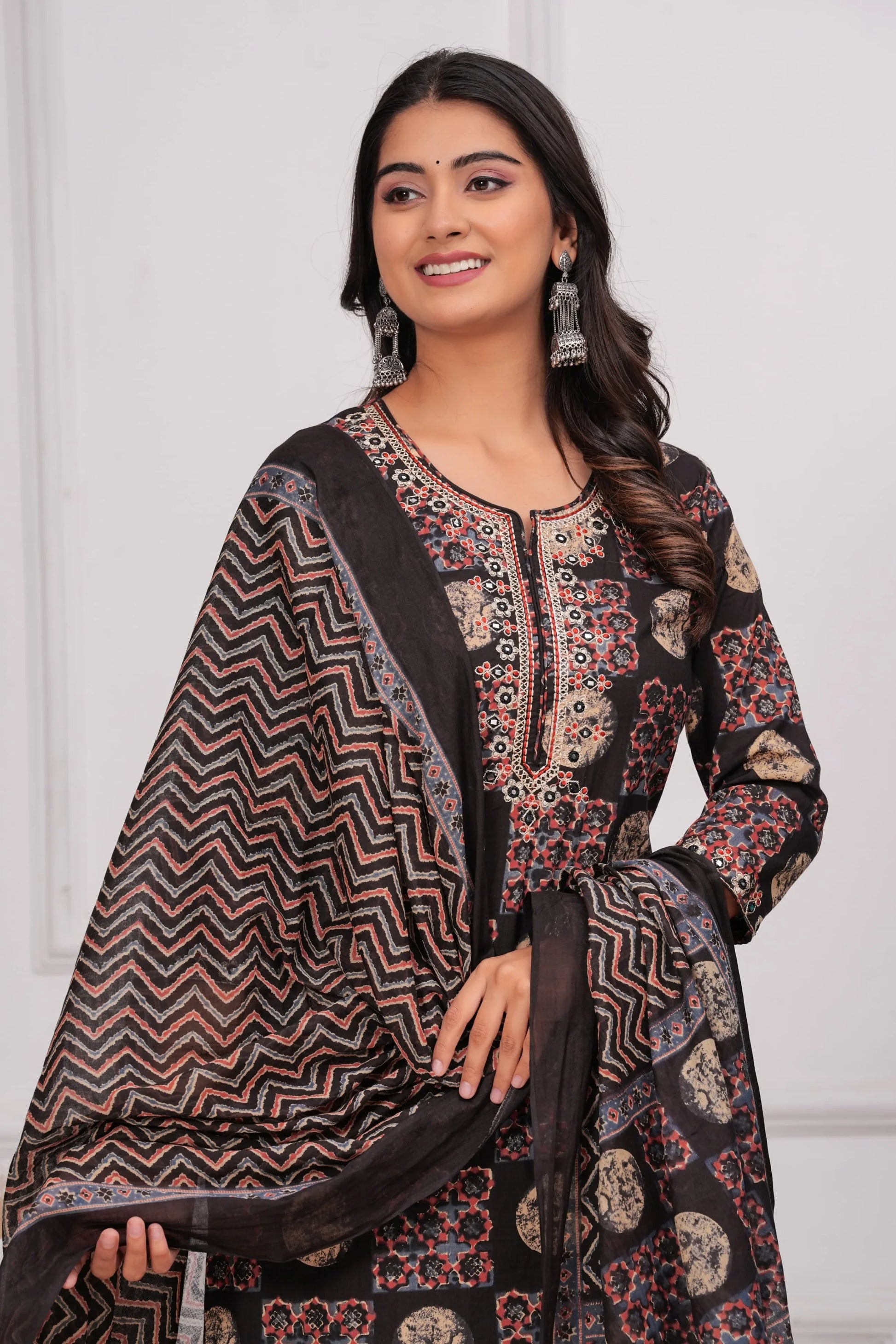 Black & Rust Geometric Print Cotton Kurta Pant Dupatta Set - Qurbat 