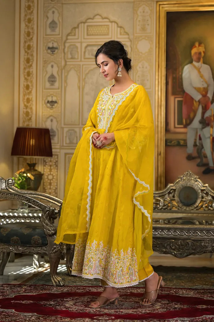 Golden Paisley Embroidered Anarkali Suit Set