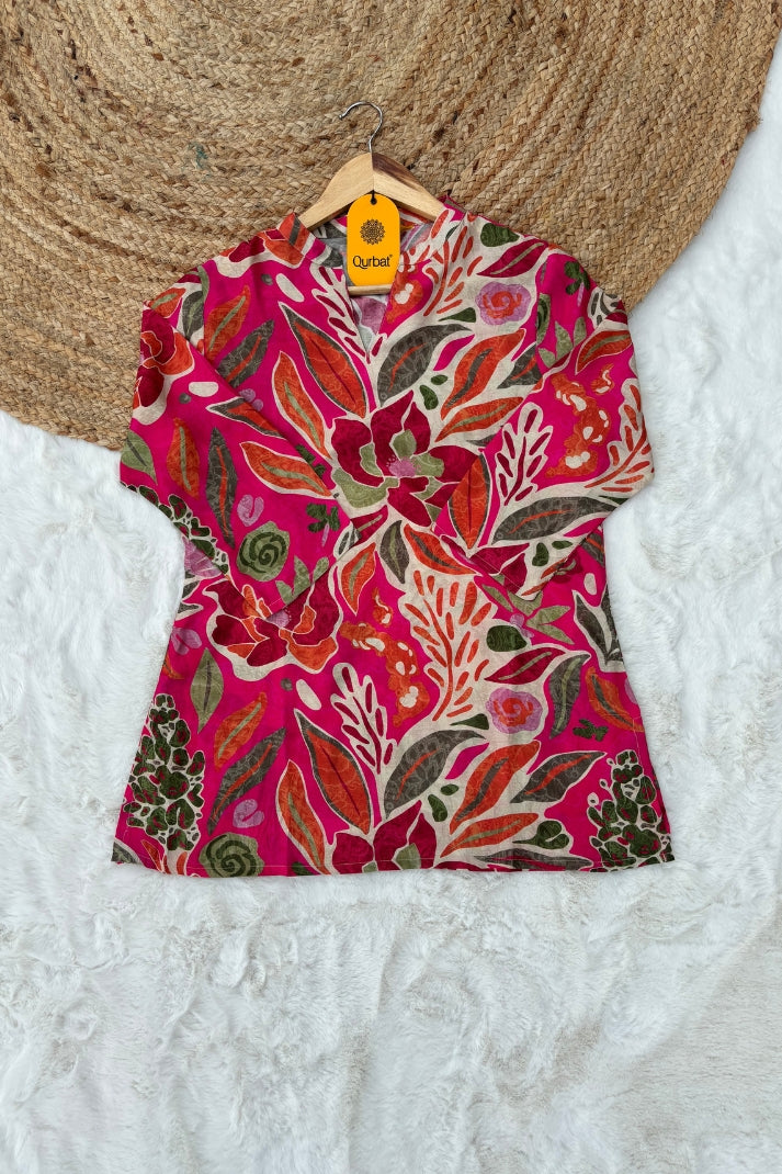 Vibrant Pink Floral Muslin Short Kurti – Bold, Breezy & Beautiful