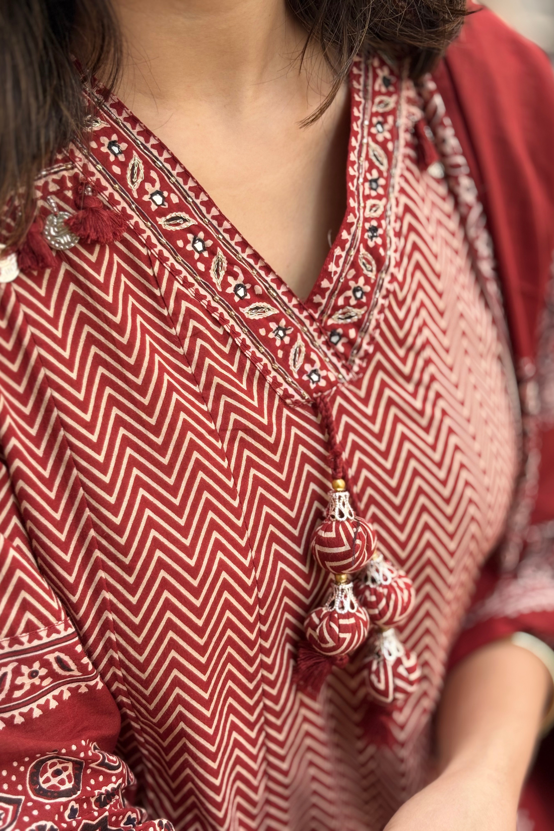 Anarkali Kurta with Maroon color and cotton fabric Geometric Printed V-Neck Anarkali Kurta with Straight Pant With Dupatta