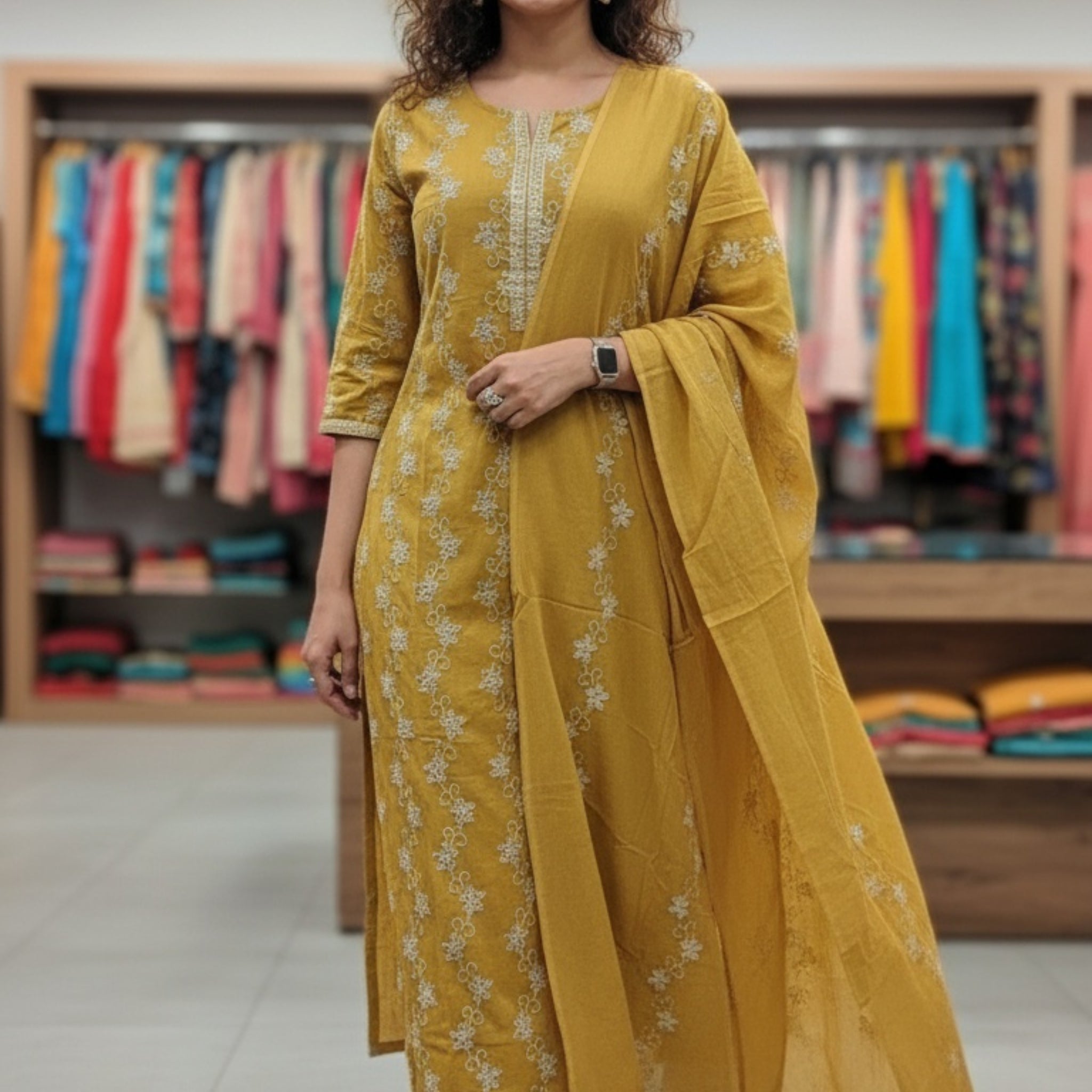Shiffley Mustard Ethnic Kurta & Pants with Dupatta with Thread Embroidery