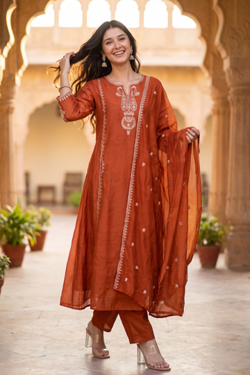 Rust Mul Chanderi Embroidered Straight Kurta with Palazzos & Dupatta