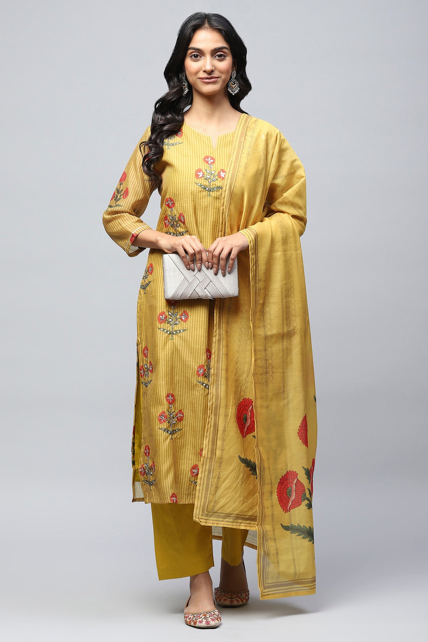 Mustard Printed Readymade Suit Set for Women with Mirror Work – Chic & Traditional