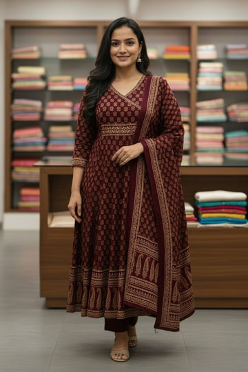 Graceful Maroon Angrakha style Suit Set with Dupatta