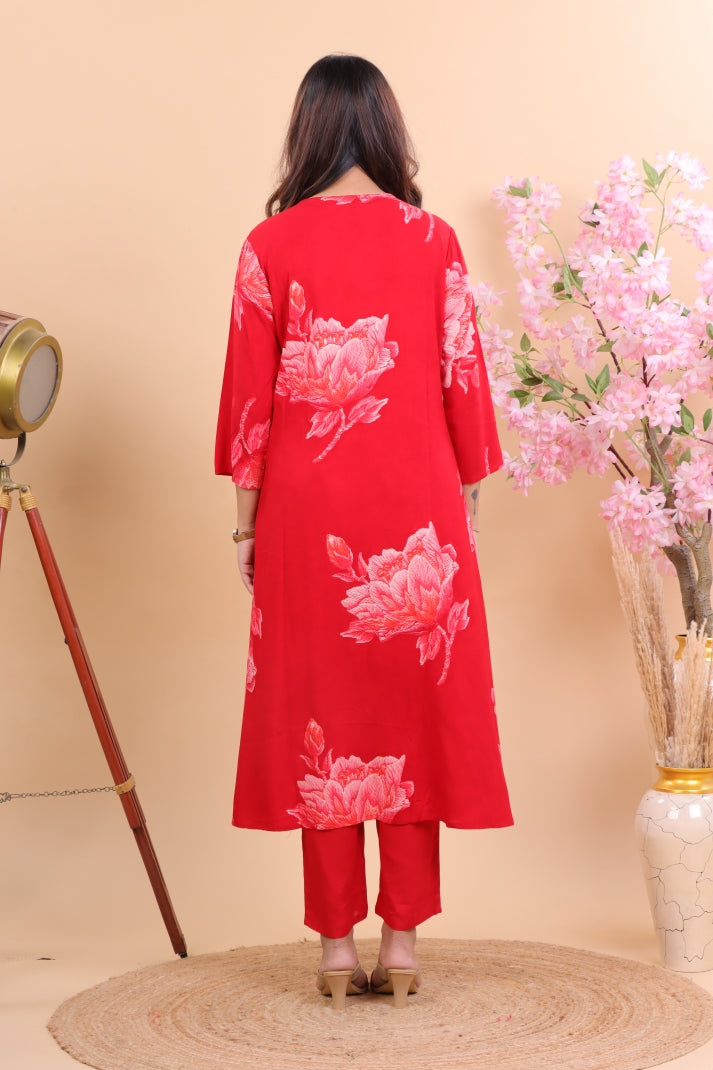 Radiant Red Rayon Floral Printed Suit Set with Dupatta
