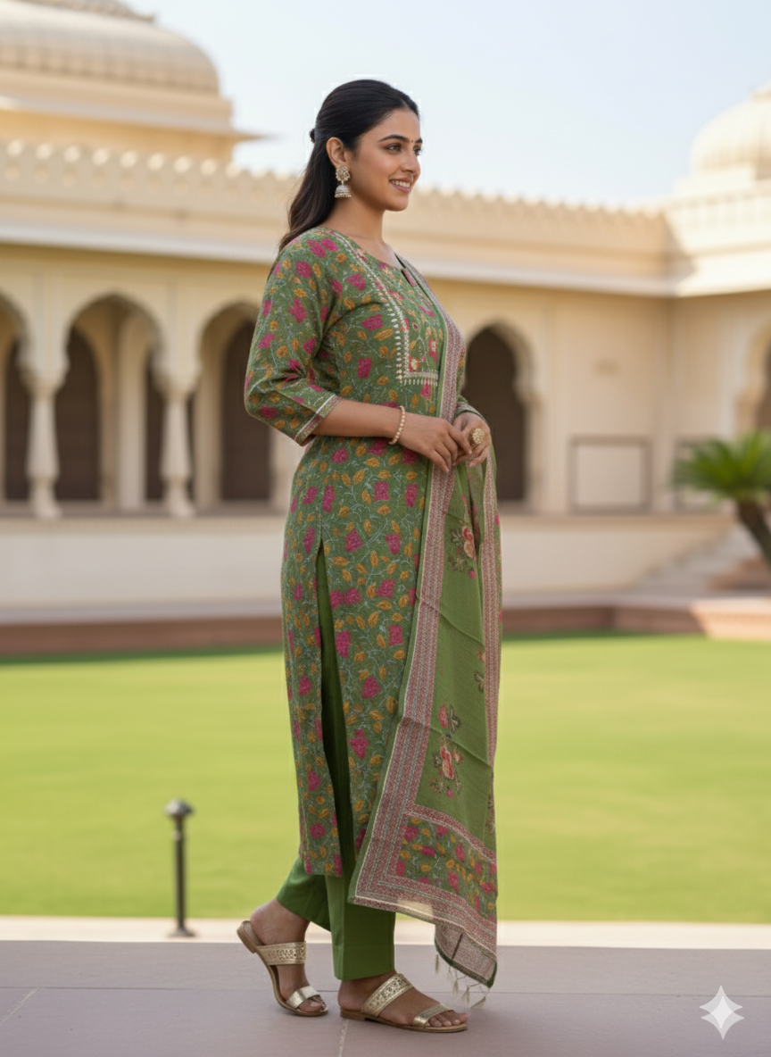 Premium Green Chanderi Ethnic Suit Set with Printed Dupatta