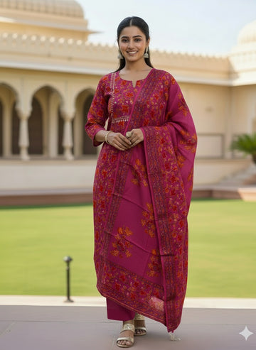 Premium Red Chanderi Ethnic Suit Set with Printed Dupatta