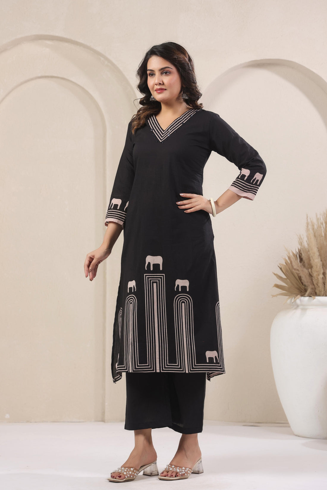 Elephant motif printed kurta set for women, featuring a vibrant print on a comfortable fabric.
