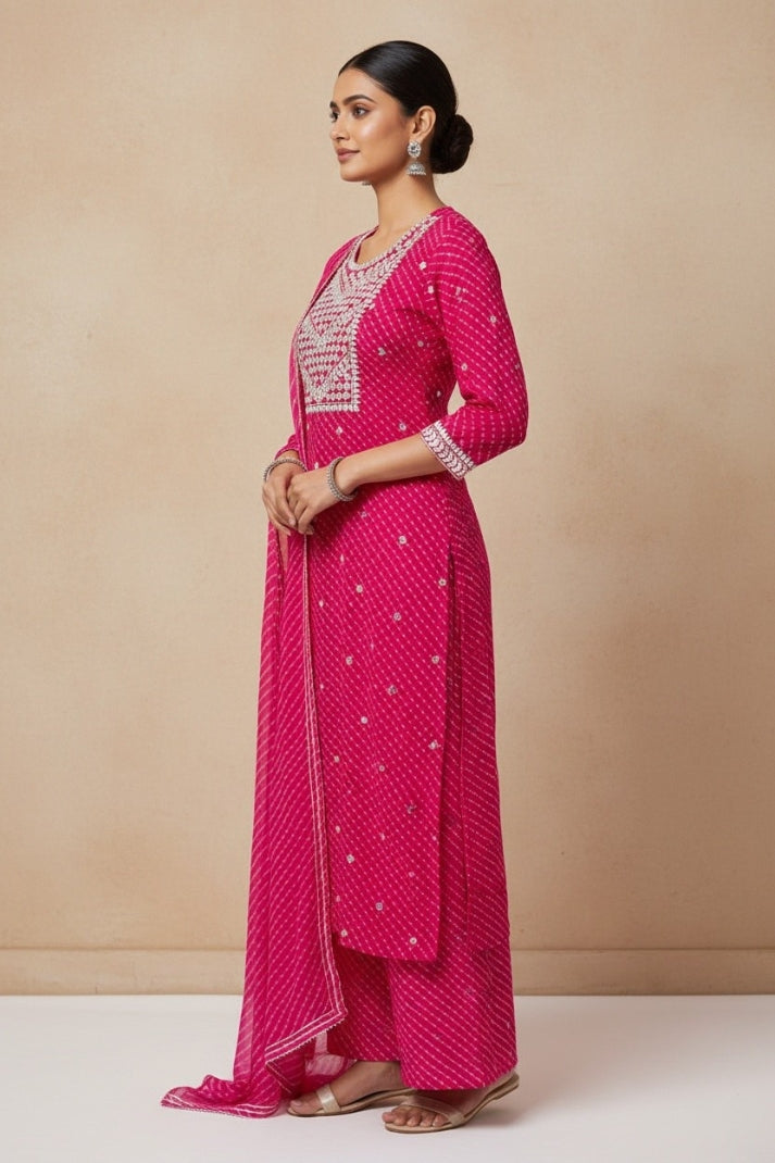 Rani Pink Festive Striped Suit Set with Intricate Gota Embroidery