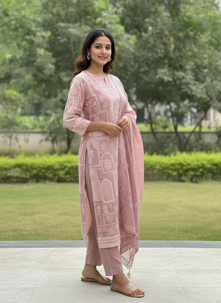 Mauve Sage Embroidered Chanderi Kurta Suit Set with Dupatta