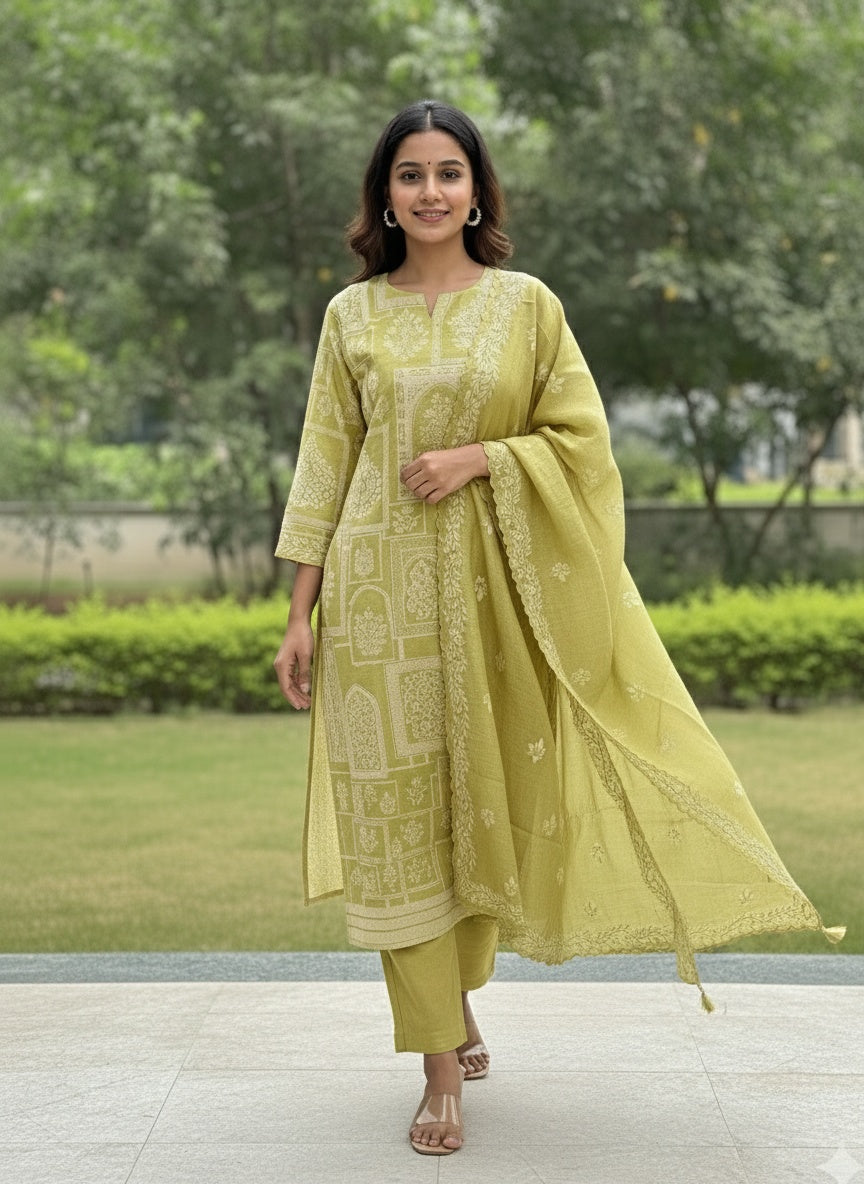 Mehndi Sage Embroidered Chanderi Kurta Suit Set with Dupatta