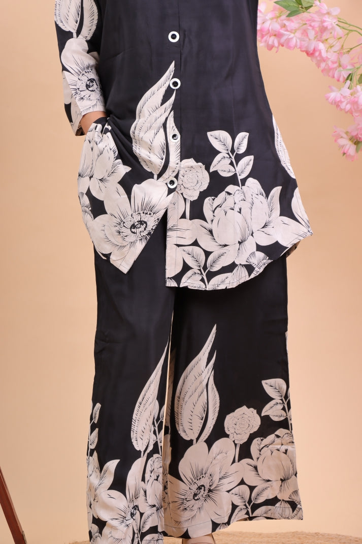 Elegant Black & White Floral Printed Co-ord Set