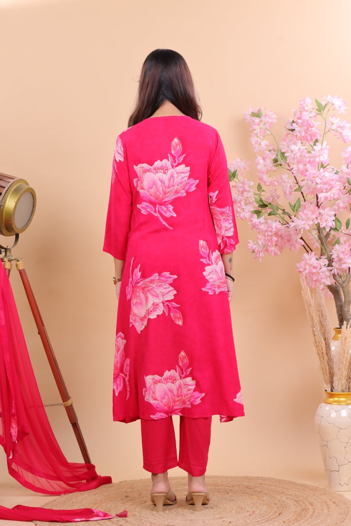 Radiant  Magenta Rayon Floral Suit Set with Dupatta