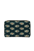 Jaipuri Hand-blocked wallet with multiple zippers, featuring a vibrant floral print and several zipper compartments.