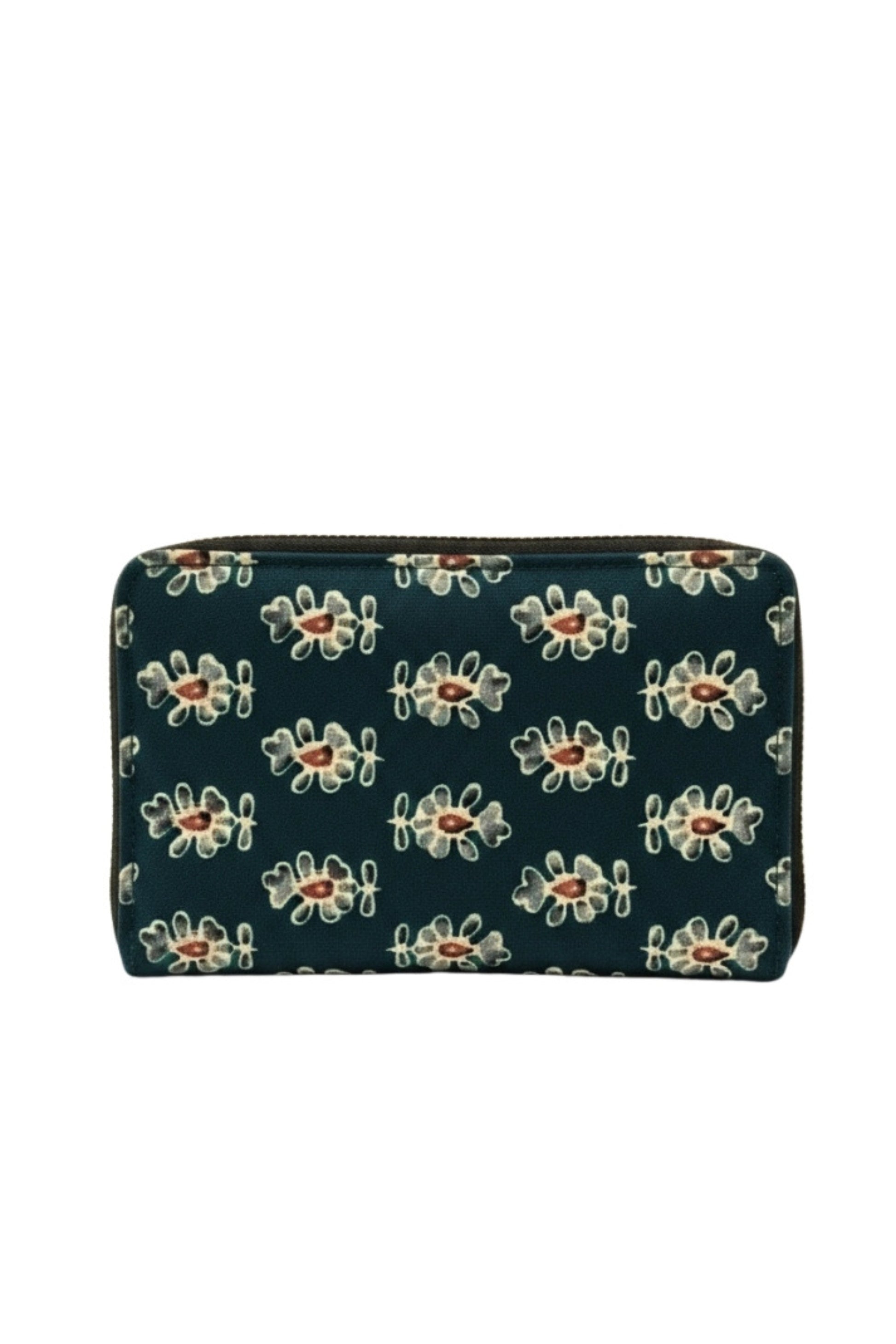 Jaipuri Hand-blocked wallet with multiple zippers, featuring a vibrant floral print and several zipper compartments.
