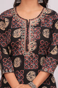 Black & Rust Geometric Print Cotton Kurta Pant Dupatta Set - Qurbat 