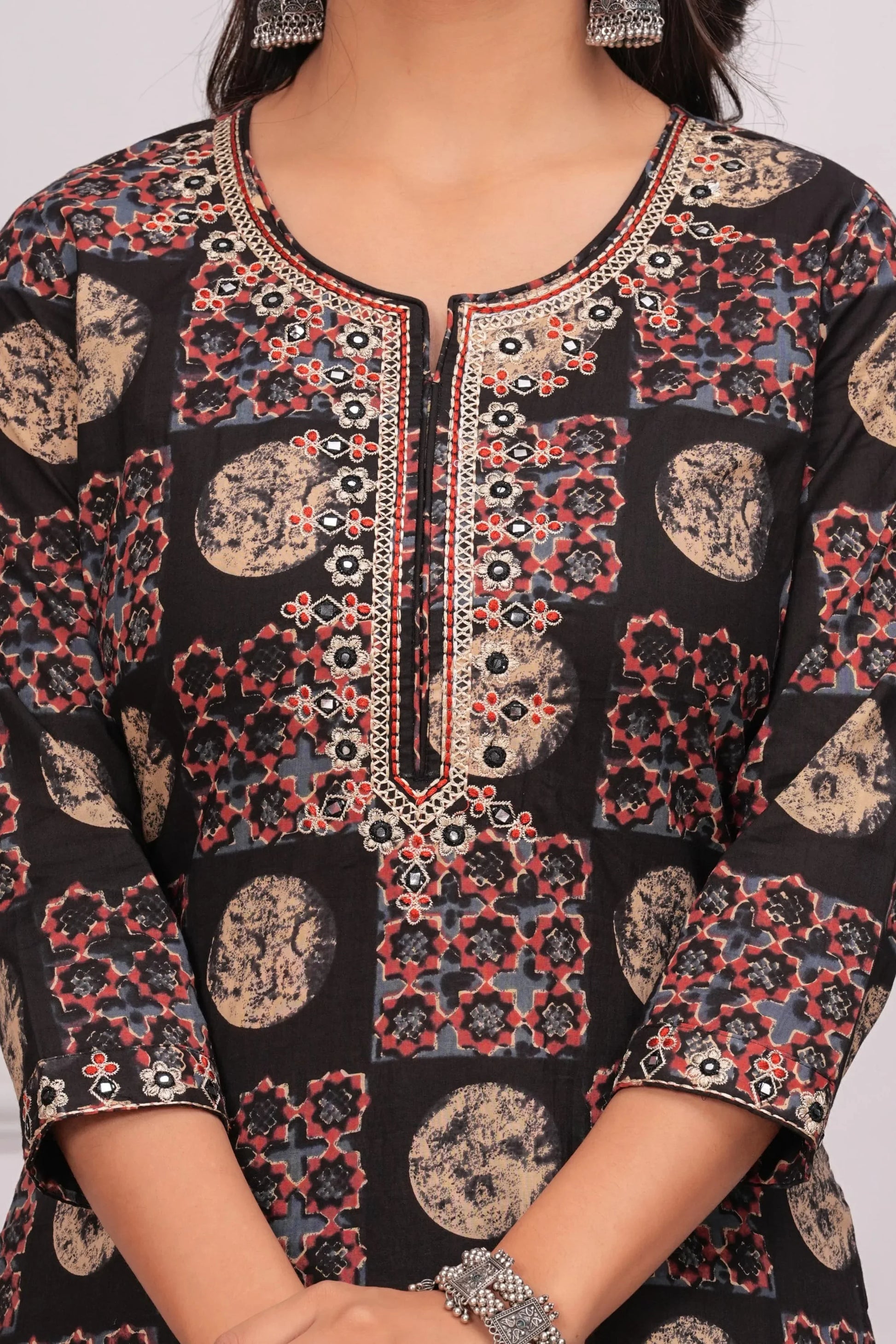 Black & Rust Geometric Print Cotton Kurta Pant Dupatta Set - Qurbat 