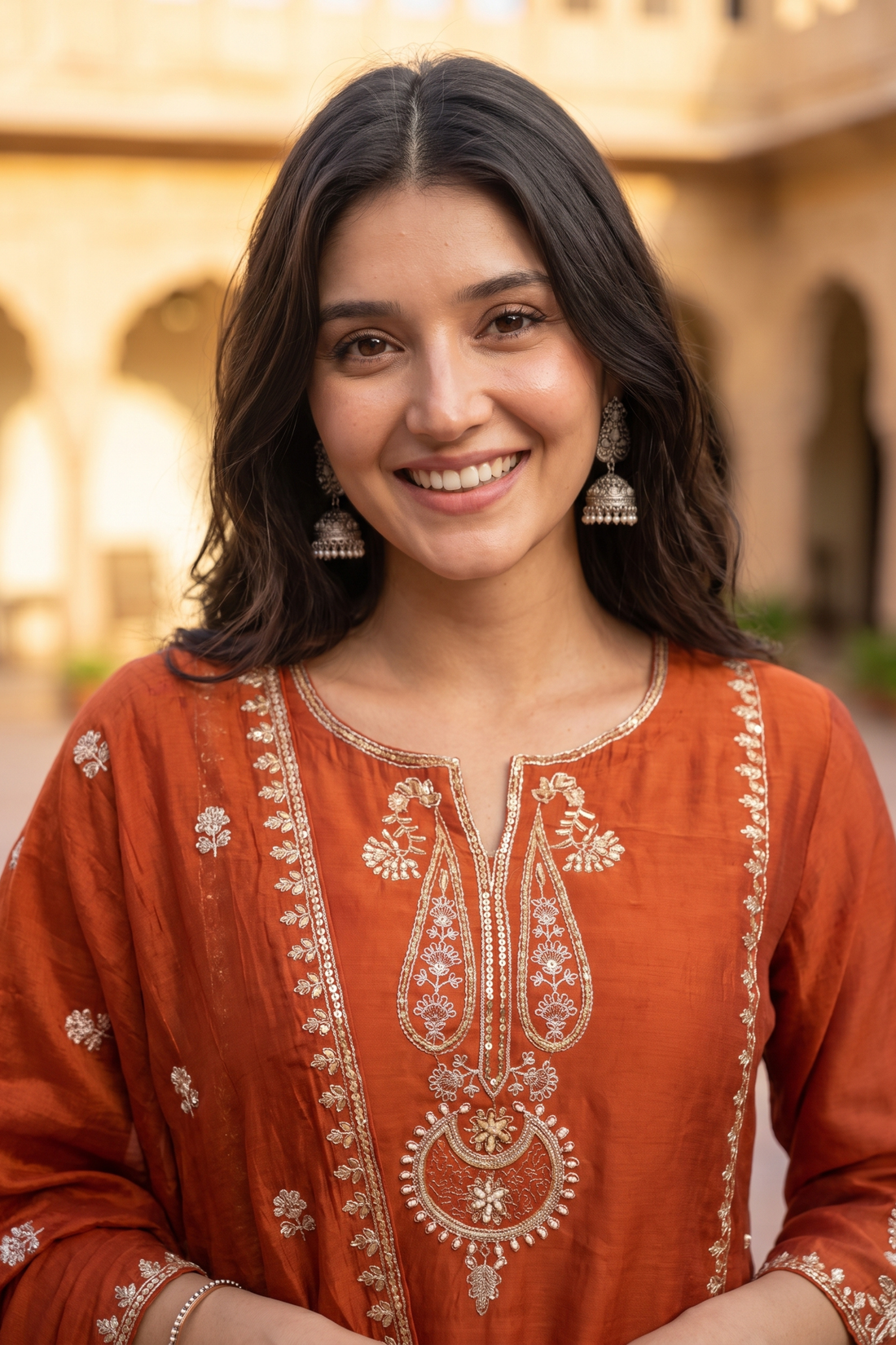 Rust Mul Chanderi Embroidered Straight Kurta with Palazzos & Dupatta