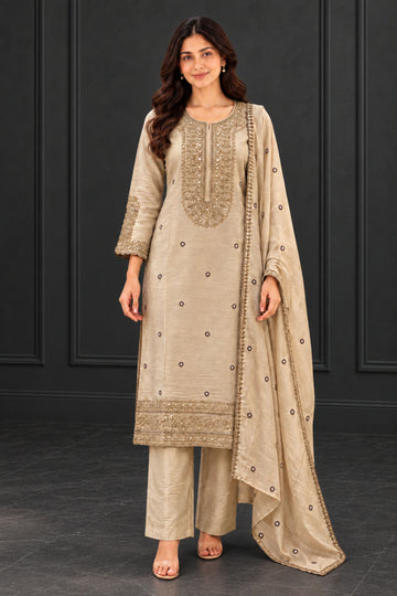 Off White Chanderi Fabric Embroidered Straight Kurta with Palazzos & Dupatta