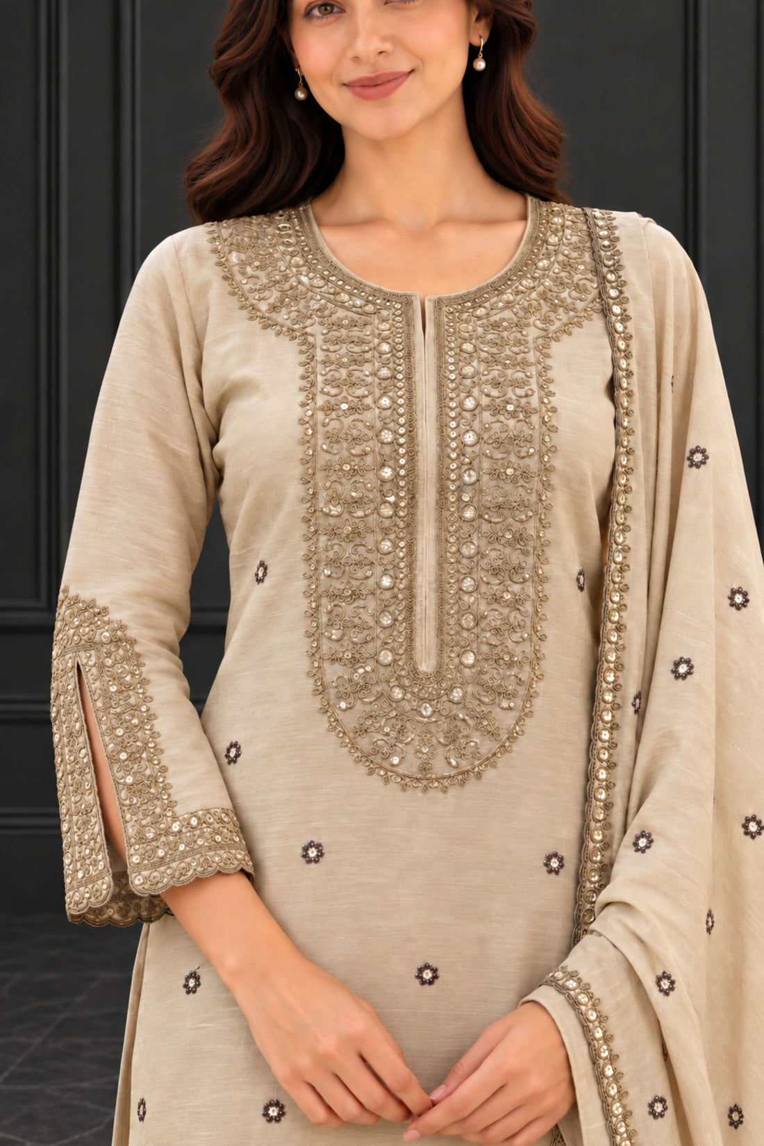Off White Chanderi Fabric Embroidered Straight Kurta with Palazzos & Dupatta