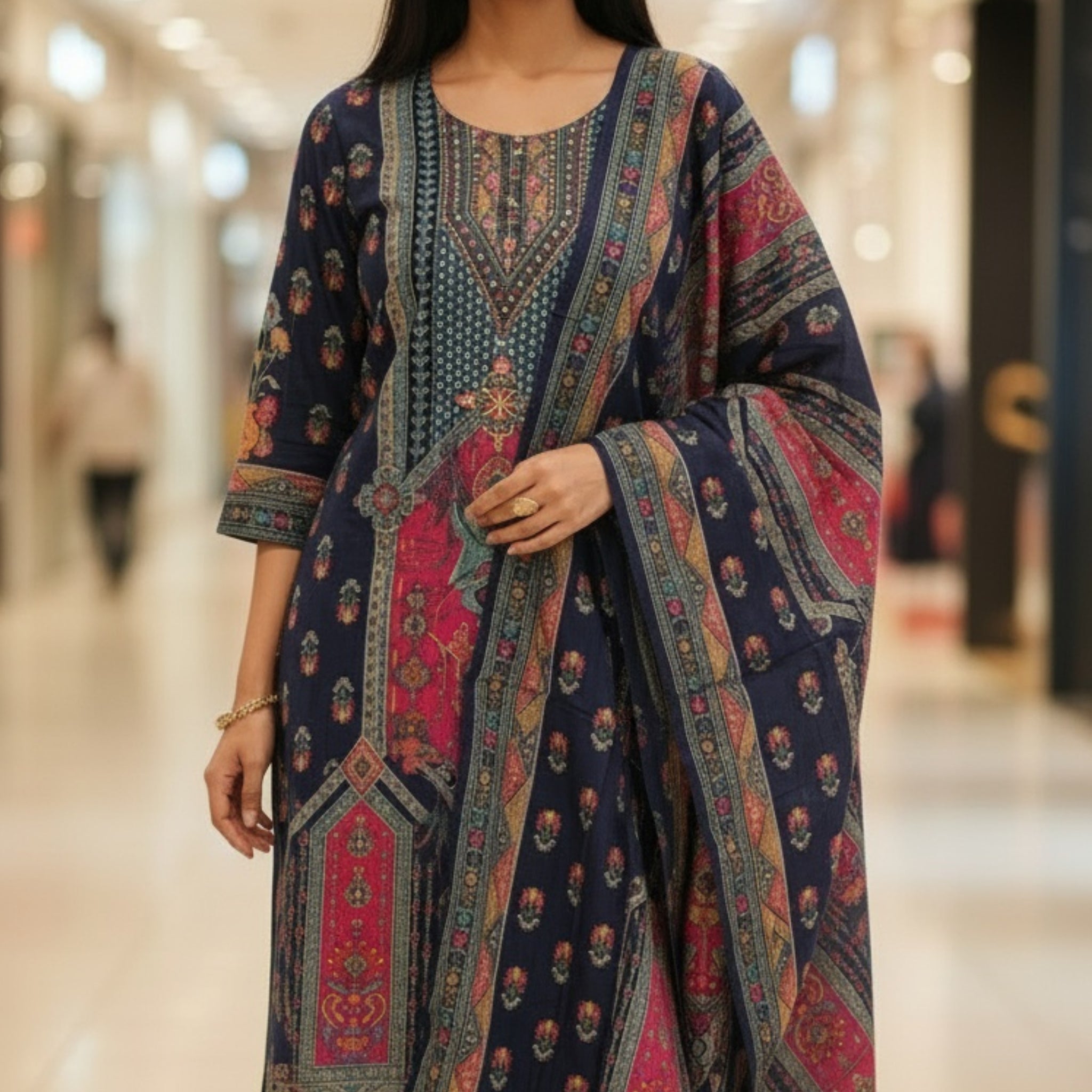 Royal Navy Blue Printed Ethnic Suit Set with Dupatta