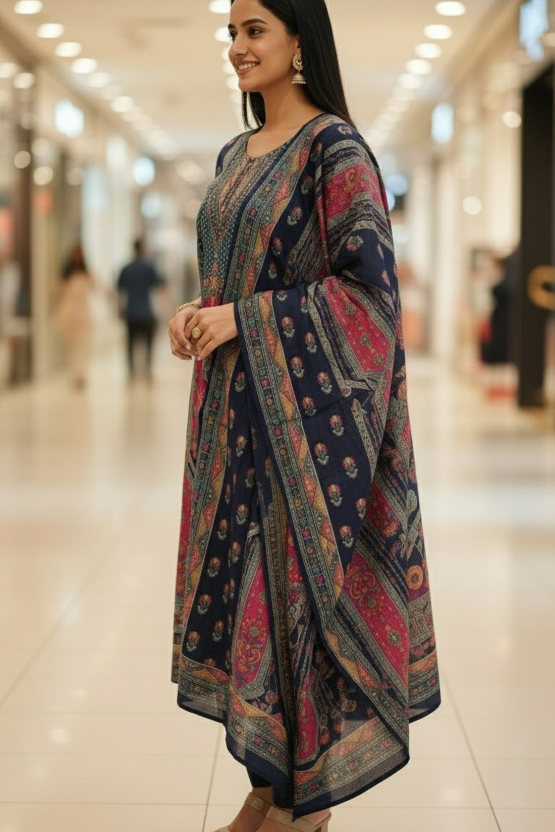 Royal Navy Blue Printed Ethnic Suit Set with Dupatta
