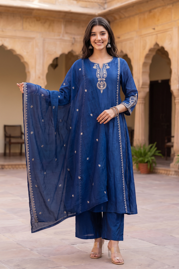 Navy Blue Mul Chanderi Embroidered Straight Kurta with Palazzos & Dupatta