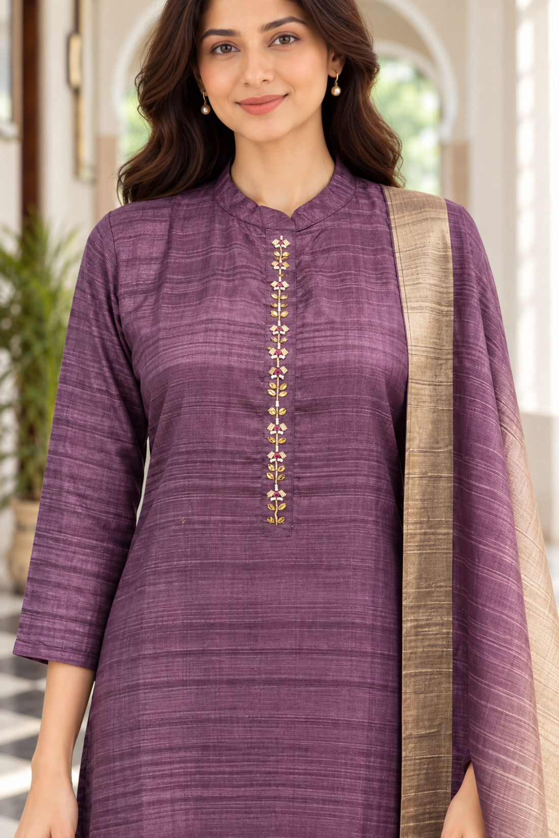 Wine Color with Chanderi Kurta with Trousers & Dupatta