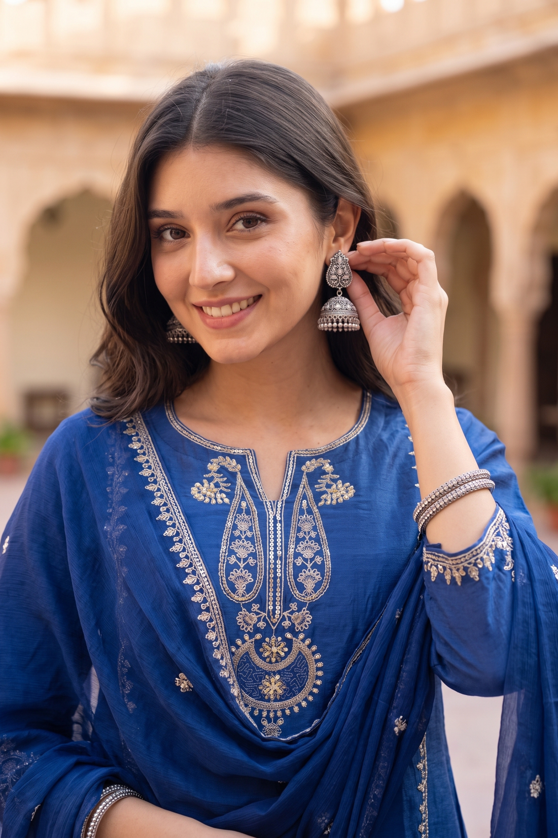 Navy Blue Mul Chanderi Embroidered Straight Kurta with Palazzos & Dupatta