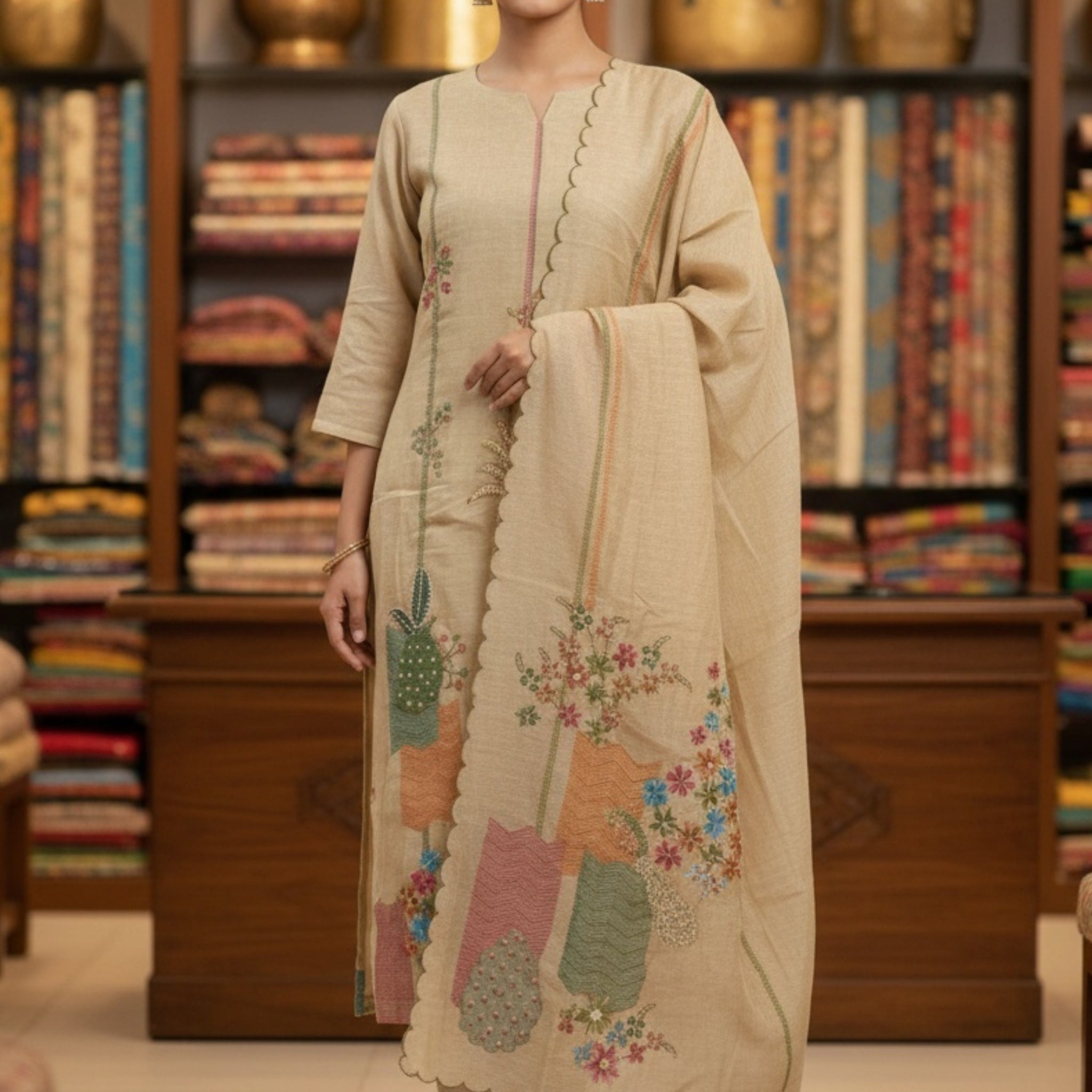 Neutral Beige Kurta & Pants with Dupatta – Artisanal Embroidery