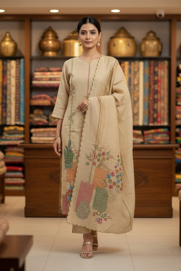 Neutral Beige Kurta & Pants with Dupatta – Artisanal Embroidery