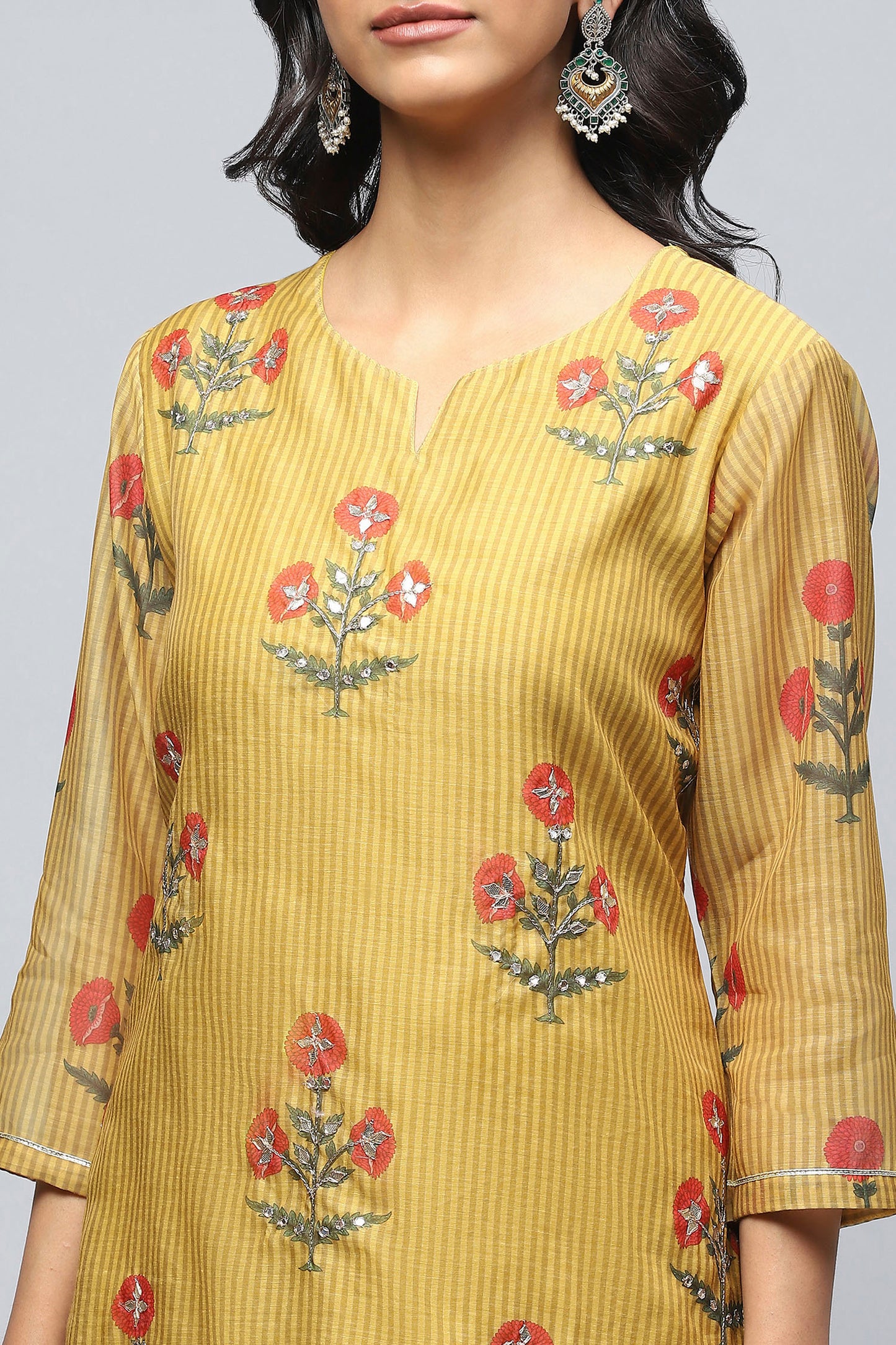 Mustard Printed Readymade Suit Set for Women with Mirror Work – Chic & Traditional