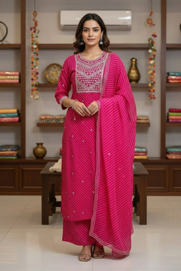 Rani Pink Festive Striped Suit Set with Intricate Gota Embroidery