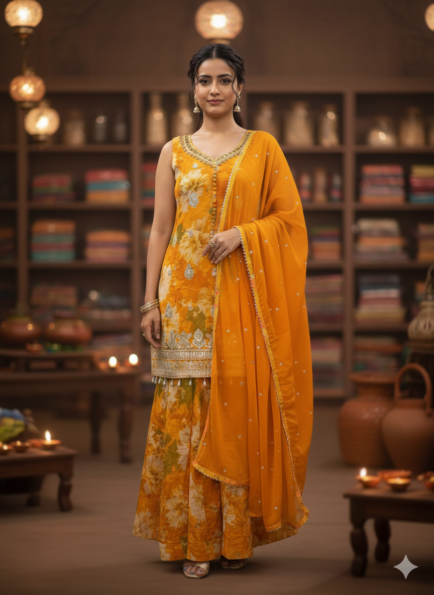 Mustard Yellow Designer Palazzo Set with Luxe Detailing